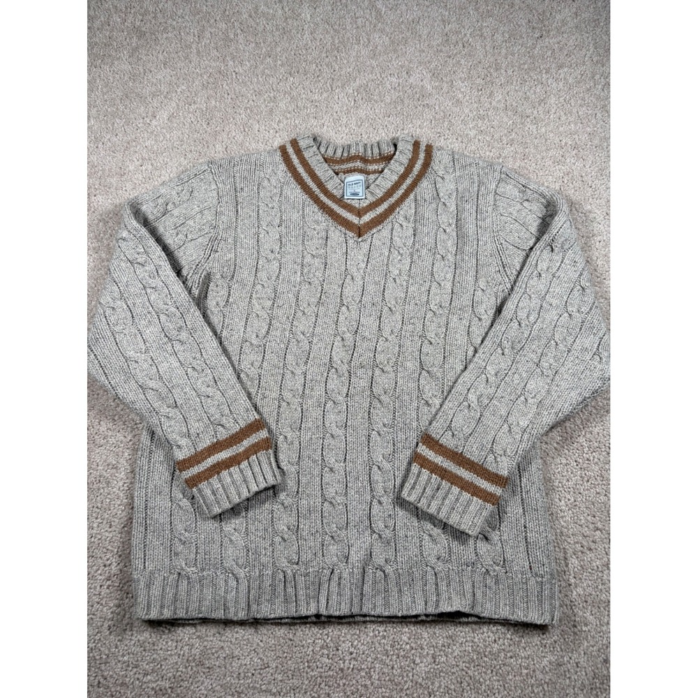 Old Navy Mens V-Neck Cable Knit Sweater Gray Brown Striped Trim Size Large y2k